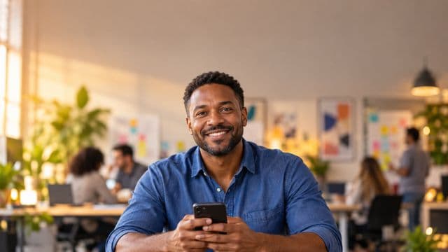 Profissional de marketing sorrindo, com camisa casual azul, segurando um smartphone, em uma agência criativa moderna com equipe desfocada e quadros de ideias