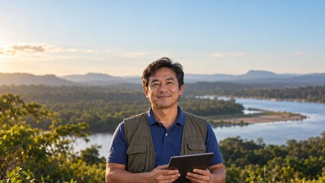 Gestor ambiental sorrindo, com camisa polo azul e colete de campo, segurando um tablet, em uma área de preservação com mata e um rio
