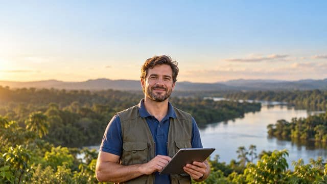 Gestor ambiental sorrindo, com camisa polo azul e colete de campo, segurando um tablet, em uma área de preservação com mata e um rio