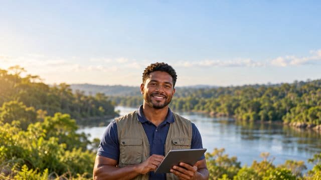 Gestor ambiental sorrindo, com camisa polo azul e colete de campo, segurando um tablet, em uma área de preservação com mata e um rio
