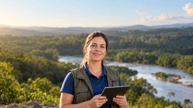 Gestora ambiental sorrindo, com camisa polo azul e colete de campo, segurando um tablet, em uma área de preservação com mata e um rio