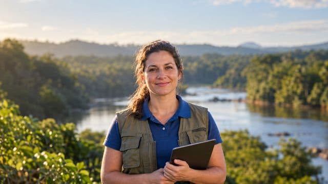 Gestora ambiental sorrindo, com camisa polo azul e colete de campo, segurando um tablet, em uma área de preservação com mata e um rio