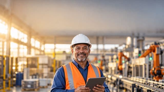 Engenheiro de produção sorrindo, com capacete branco e colete laranja sobre camisa azul, segurando um tablet, em uma fábrica moderna com linha de produção e braços robóticos