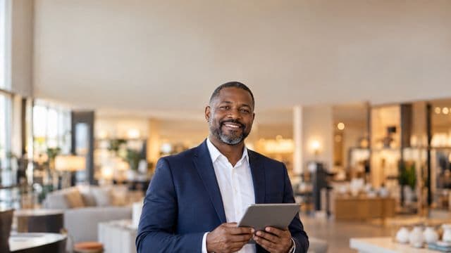 Gerente comercial sorrindo, com blazer azul-marinho sobre camisa branca, segurando um tablet, em uma loja moderna e bem iluminada