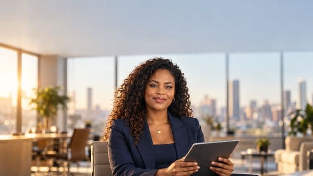 Analista financeira sorrindo, com terno azul-marinho, segurando um tablet, em um escritório corporativo com vista para a cidade