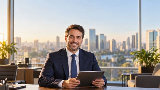 Analista financeiro sorrindo, com terno azul-marinho, segurando um tablet, em um escritório corporativo com vista para a cidade