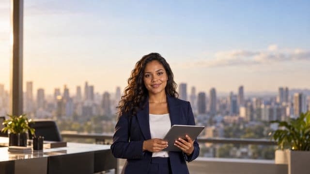 Analista financeira sorrindo, com terno azul-marinho, segurando um tablet, em um escritório corporativo com vista para a cidade