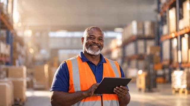 Profissional de logística sorrindo, com colete refletivo laranja sobre camisa polo azul, segurando um tablet, em um centro de distribuição com prateleiras altas e caixas
