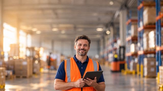 Profissional de logística sorrindo, com colete refletivo laranja sobre camisa polo azul, segurando um tablet, em um centro de distribuição com prateleiras altas e caixas