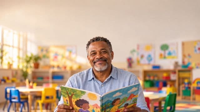 Professor de educação infantil sorrindo, com camisa casual azul-clara, segurando um livro infantil colorido sem título, em uma sala de aula infantil alegre, com mesinhas e desenhos nas paredes