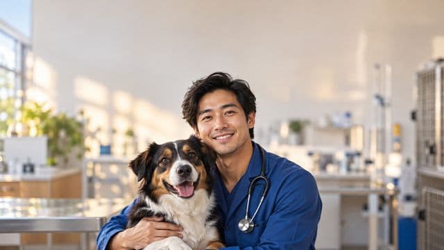 Médico veterinário sorrindo, com jaleco azul e estetoscópio, segurando com carinho um cachorro de porte médio, em uma clínica veterinária moderna e clara