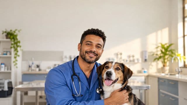 Médico veterinário sorrindo, com jaleco azul e estetoscópio, segurando com carinho um cachorro de porte médio, em uma clínica veterinária moderna e clara