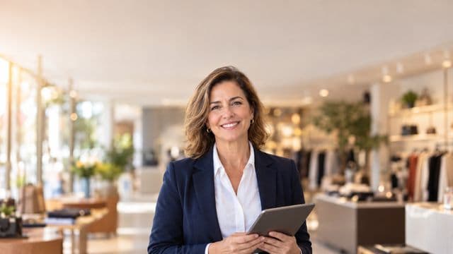Gerente comercial sorrindo, com blazer azul-marinho sobre camisa branca, segurando um tablet, em uma loja moderna e bem iluminada