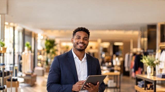 Gerente comercial sorrindo, com blazer azul-marinho sobre camisa branca, segurando um tablet, em uma loja moderna e bem iluminada