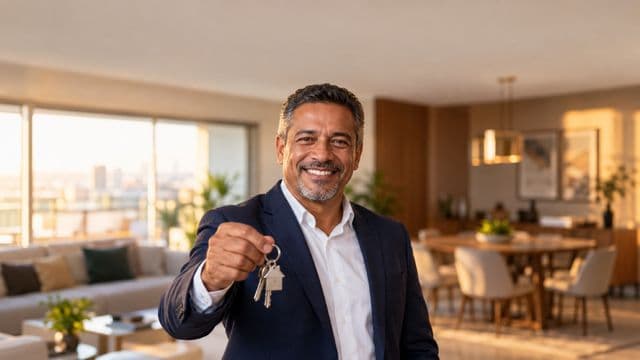 Corretor de imóveis sorrindo, com terno azul-marinho, segurando um molho de chaves, em a sala de um apartamento moderno e decorado
