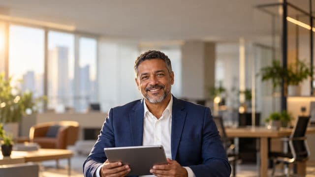 Profissional sorrindo, com blazer azul sobre camisa branca, segurando um tablet, em um escritório moderno e bem iluminado