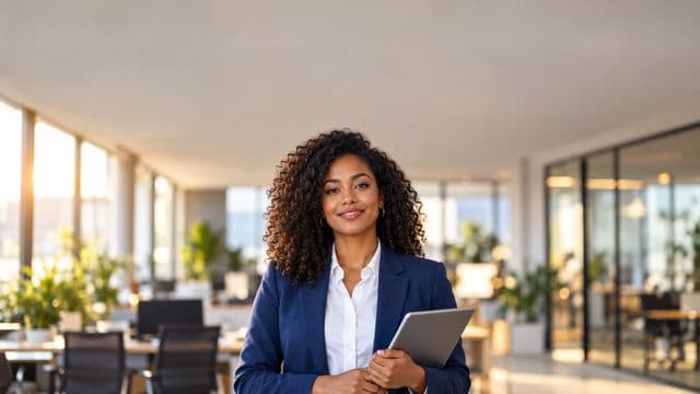Profissional sorrindo, com blazer azul sobre camisa branca, segurando um tablet, em um escritório moderno e bem iluminado