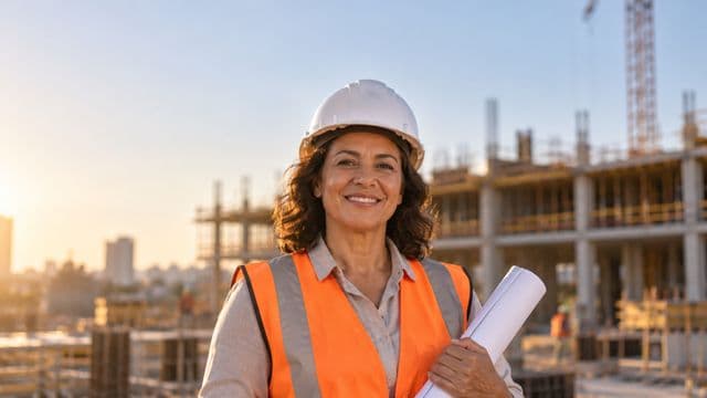 Engenheira civil sorrindo, com capacete branco e colete refletivo laranja, segurando uma planta da obra enrolada, em um canteiro de obras com a estrutura de um prédio