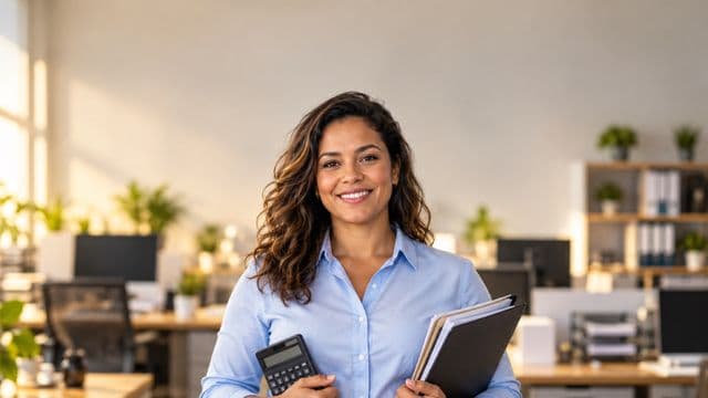 Contadora sorrindo, com camisa social azul-clara, segurando uma calculadora e uma pasta de documentos, em um escritório contábil moderno