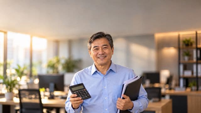 Contador sorrindo, com camisa social azul-clara, segurando uma calculadora e uma pasta de documentos, em um escritório contábil moderno