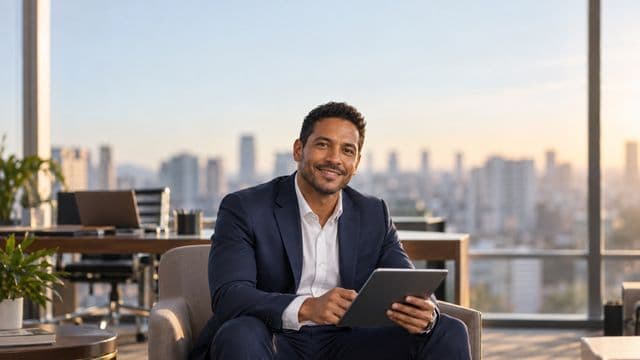 Analista financeiro sorrindo, com terno azul-marinho, segurando um tablet, em um escritório corporativo com vista para a cidade