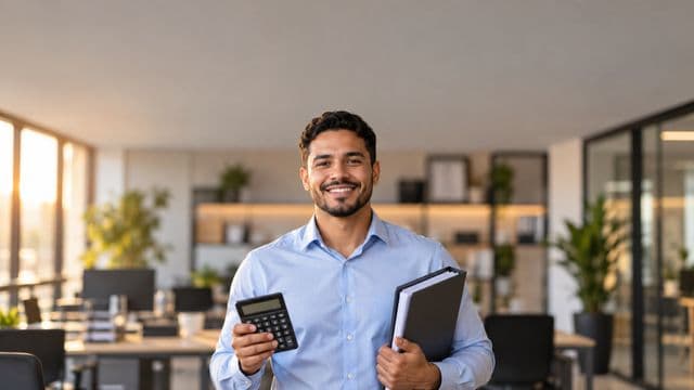 Contador sorrindo, com camisa social azul-clara, segurando uma calculadora e uma pasta de documentos, em um escritório contábil moderno