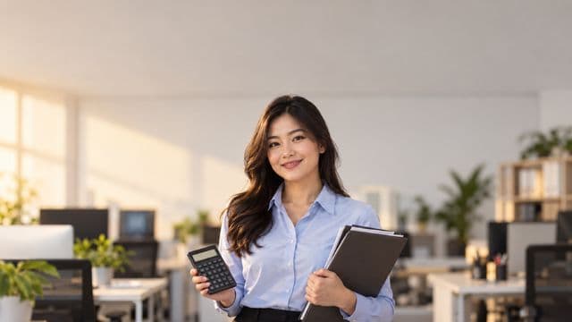 Contadora sorrindo, com camisa social azul-clara, segurando uma calculadora e uma pasta de documentos, em um escritório contábil moderno
