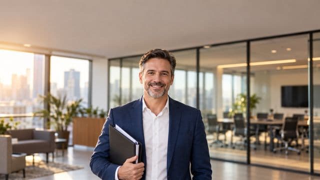 Profissional de recursos humanos sorrindo, com blazer azul sobre camisa branca, segurando uma pasta de documentos, em um escritório moderno com uma sala de reunião envidraçada