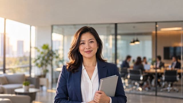 Profissional de recursos humanos sorrindo, com blazer azul sobre camisa branca, segurando uma pasta de documentos, em um escritório moderno com uma sala de reunião envidraçada