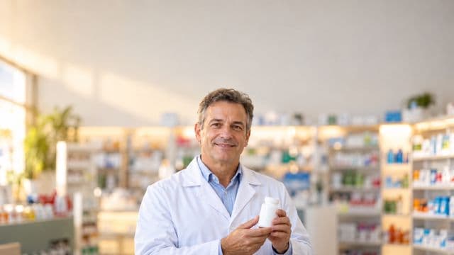 Farmacêutico sorrindo, com jaleco branco, segurando um frasco de medicamento sem rótulo legível, em uma farmácia moderna com prateleiras organizadas