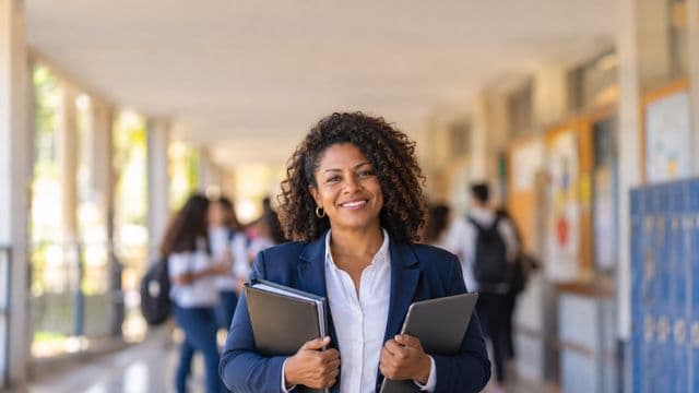 Gestora escolar sorrindo, com blazer azul sobre camisa branca, segurando uma pasta e um tablet, em o corredor de uma escola moderna com alunos desfocados