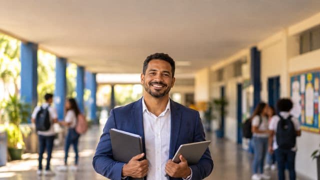 Gestor escolar sorrindo, com blazer azul sobre camisa branca, segurando uma pasta e um tablet, em o corredor de uma escola moderna com alunos desfocados