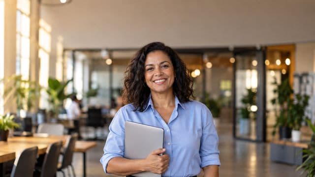 Empreendedora sorrindo, com camisa social azul com as mangas dobradas, segurando um notebook, em um espaço de coworking moderno e iluminado