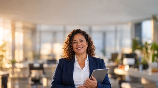 Profissional sorrindo, com blazer azul sobre camisa branca, segurando um tablet, em um escritório moderno e bem iluminado