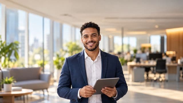 Profissional sorrindo, com blazer azul sobre camisa branca, segurando um tablet, em um escritório moderno e bem iluminado