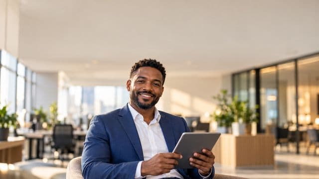 Profissional sorrindo, com blazer azul sobre camisa branca, segurando um tablet, em um escritório moderno e bem iluminado