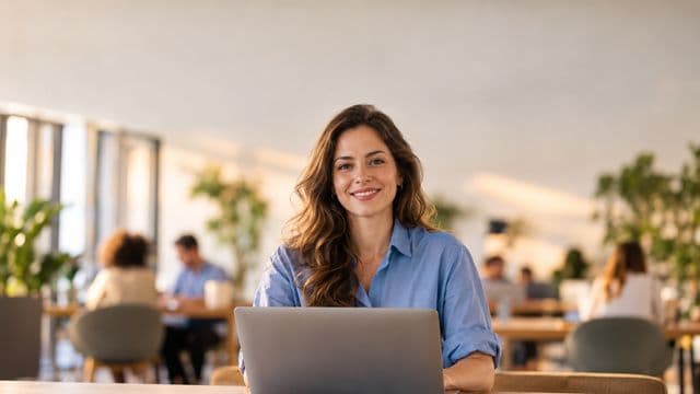 Empreendedora sorrindo, com camisa social azul com as mangas dobradas, segurando um notebook, em um espaço de coworking moderno e iluminado