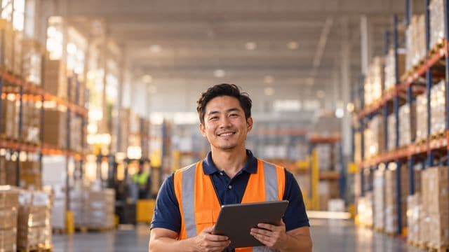Profissional de logística sorrindo, com colete refletivo laranja sobre camisa polo azul, segurando um tablet, em um centro de distribuição com prateleiras altas e caixas