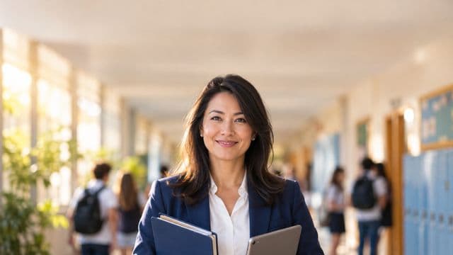 Gestora escolar sorrindo, com blazer azul sobre camisa branca, segurando uma pasta e um tablet, em o corredor de uma escola moderna com alunos desfocados