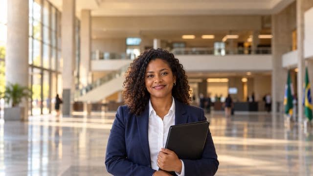 Servidora pública sorrindo, com blazer azul-marinho sobre camisa branca, segurando uma pasta, em o saguão amplo de um prédio público moderno