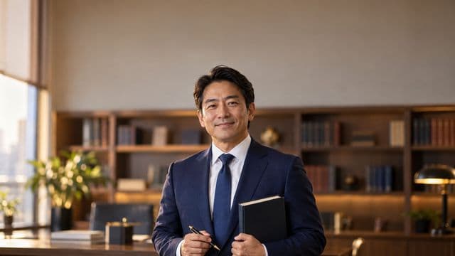 Advogado sorrindo, com terno azul-marinho e camisa branca, segurando um livro de capa lisa e uma caneta, em um escritório de advocacia elegante com estantes de livros
