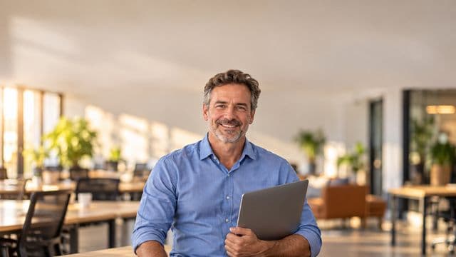 Empreendedor sorrindo, com camisa social azul com as mangas dobradas, segurando um notebook, em um espaço de coworking moderno e iluminado