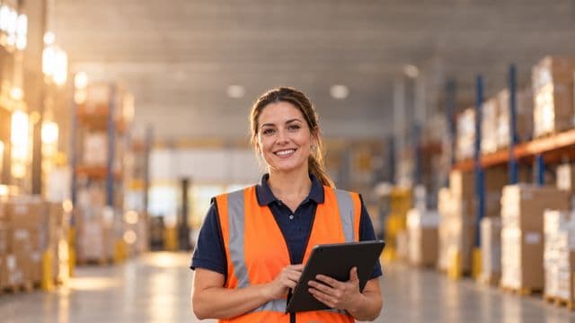 Profissional de logística sorrindo, com colete refletivo laranja sobre camisa polo azul, segurando um tablet, em um centro de distribuição com prateleiras altas e caixas