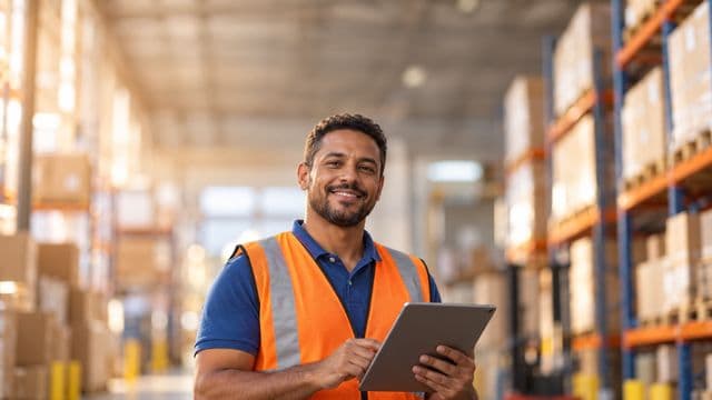 Profissional de logística sorrindo, com colete refletivo laranja sobre camisa polo azul, segurando um tablet, em um centro de distribuição com prateleiras altas e caixas