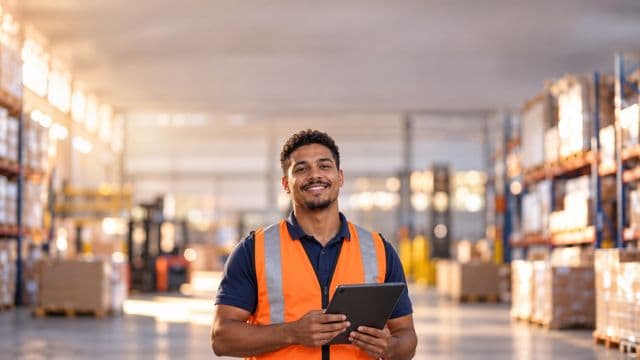 Profissional de logística sorrindo, com colete refletivo laranja sobre camisa polo azul, segurando um tablet, em um centro de distribuição com prateleiras altas e caixas