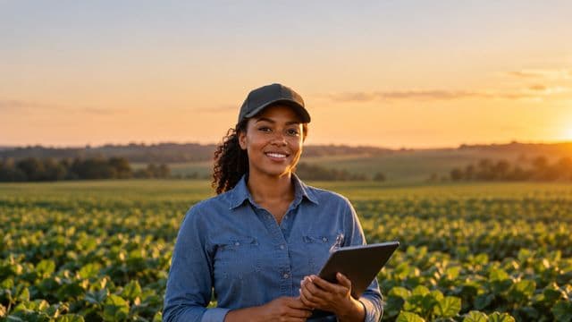 Engenheira agrônoma sorrindo, com camisa azul de mangas compridas e boné, segurando um tablet, em uma plantação extensa no fim da tarde