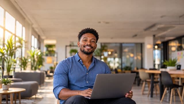 Empreendedor sorrindo, com camisa social azul com as mangas dobradas, segurando um notebook, em um espaço de coworking moderno e iluminado