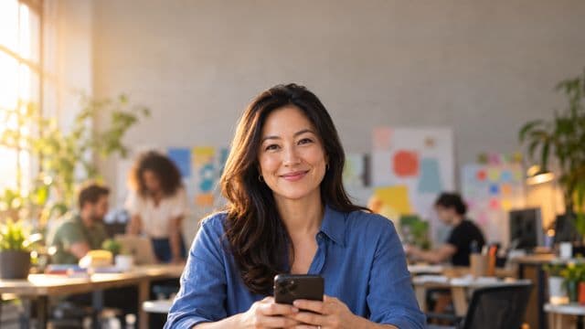 Profissional de marketing sorrindo, com camisa casual azul, segurando um smartphone, em uma agência criativa moderna com equipe desfocada e quadros de ideias