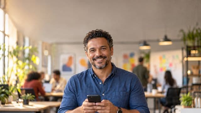 Profissional de marketing sorrindo, com camisa casual azul, segurando um smartphone, em uma agência criativa moderna com equipe desfocada e quadros de ideias