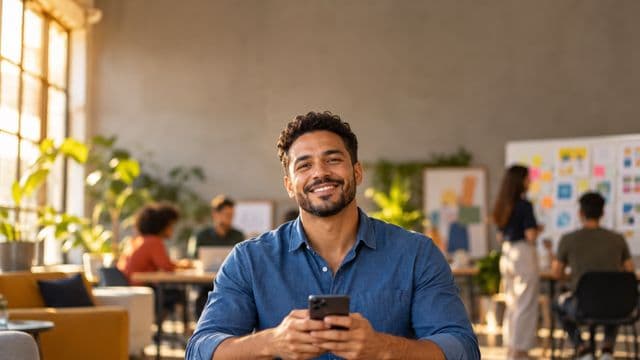 Profissional de marketing sorrindo, com camisa casual azul, segurando um smartphone, em uma agência criativa moderna com equipe desfocada e quadros de ideias